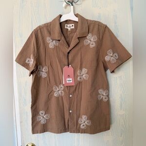 Free Planet Brown Short-Sleeve Button Camp Shirt with White Floral Embroidery